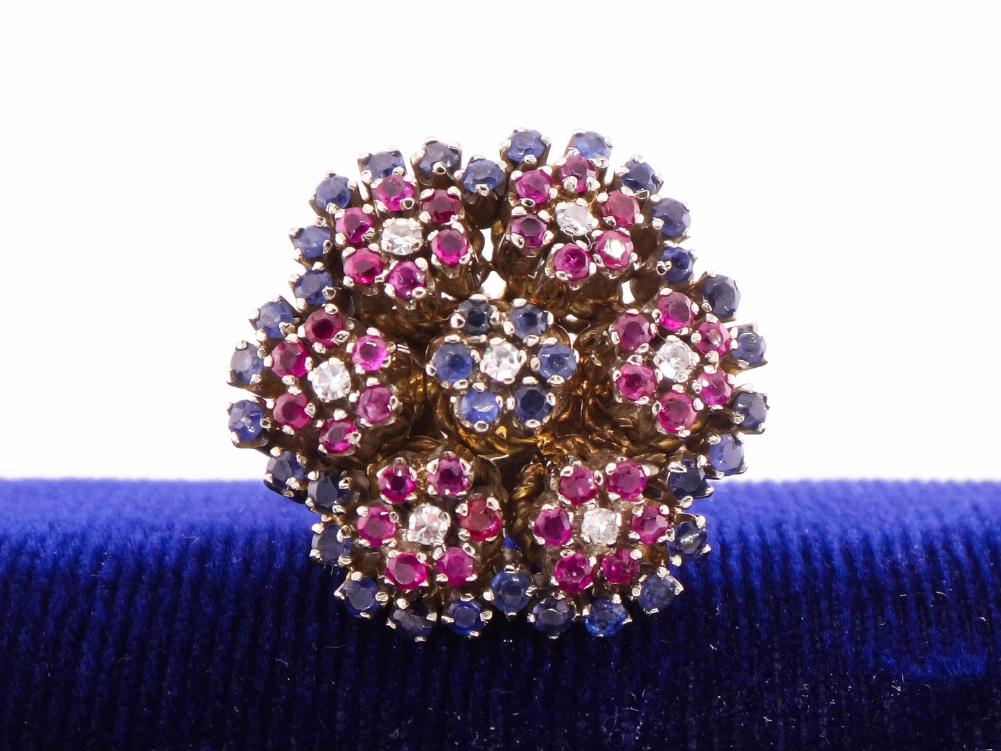 Vintage 18k Gold Floral Cocktail Ring: Sapphire, Ruby & Diamond Cluster (Size 6.25)