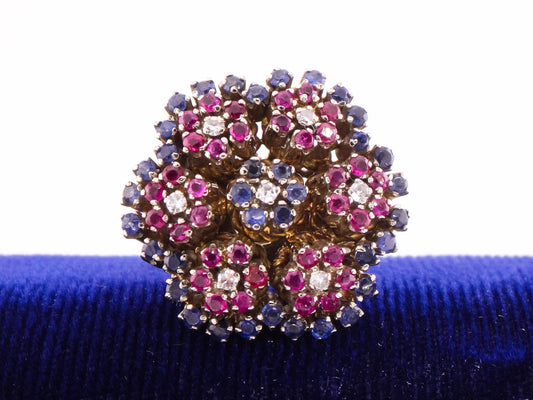Vintage 18k Gold Floral Cocktail Ring: Sapphire, Ruby & Diamond Cluster (Size 6.25)