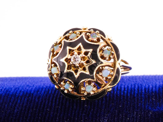 Vintage 14k Yellow Gold Opal Diamond Black Enamel Star Dome Ring (Size 7.25)