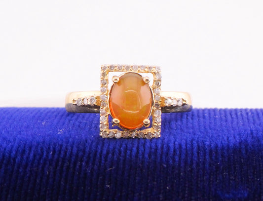 Vintage 14k Yellow Gold Fire Opal Diamond Halo Ring - Size 7