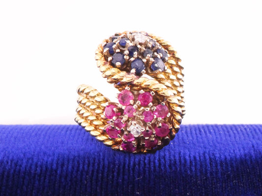 Vintage 18k Gold Floral Ring: Ruby, Sapphire & Diamond Cluster, Size 7