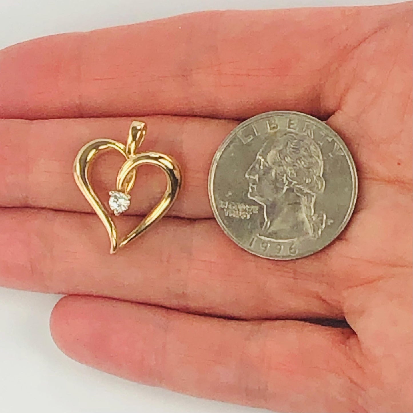 Vintage Solid 14k Yellow Gold Diamond Open Heart Pendant