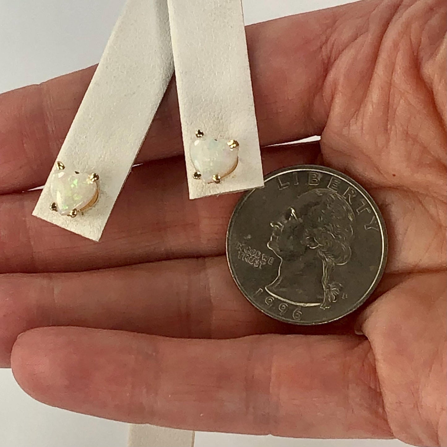 Vintage 14k Yellow Gold Natural Opal Heart Shaped Stud Earrings, October Birthstone