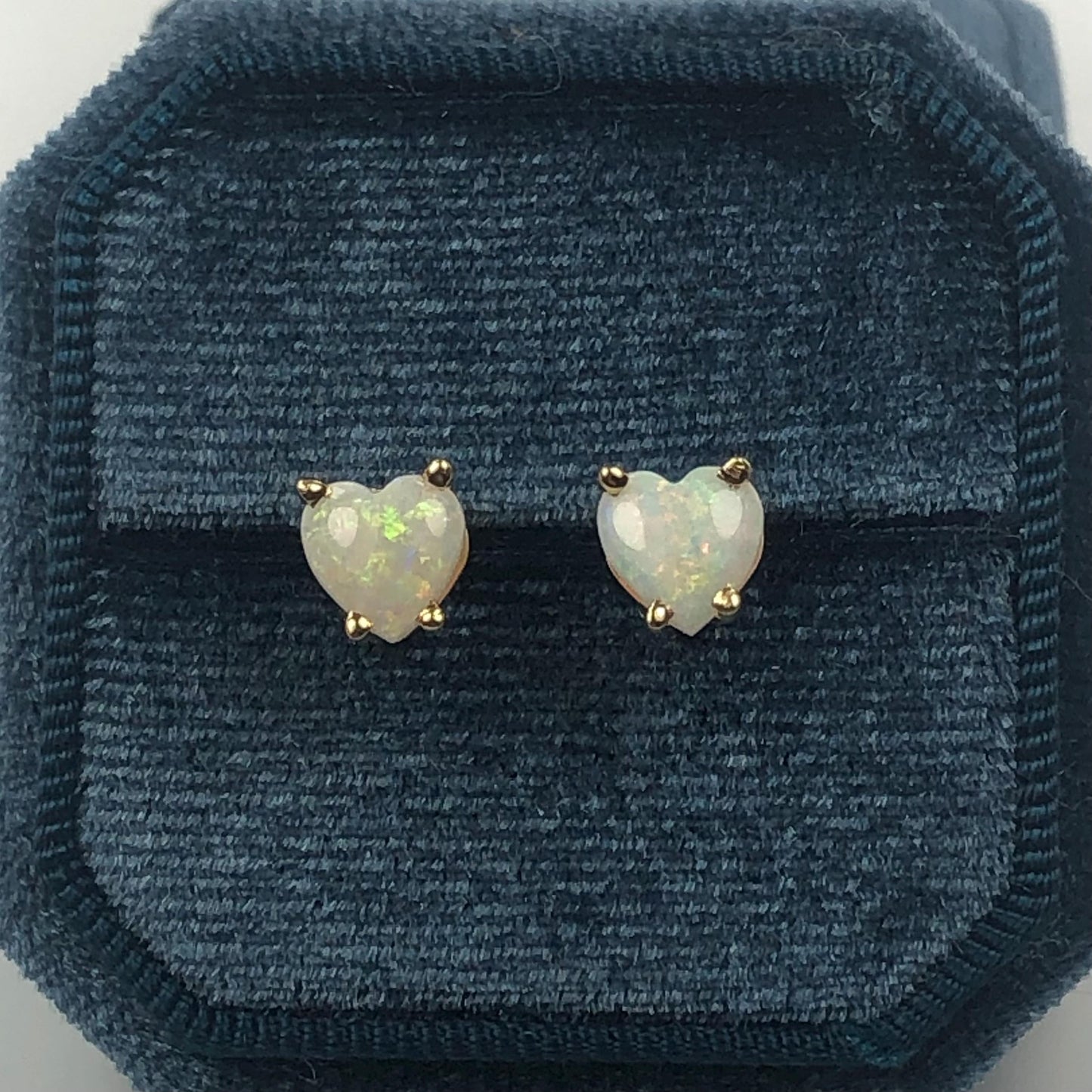 Vintage 14k Yellow Gold Natural Opal Heart Shaped Stud Earrings, October Birthstone