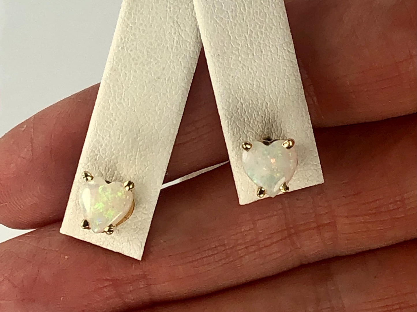 Vintage 14k Yellow Gold Natural Opal Heart Shaped Stud Earrings, October Birthstone