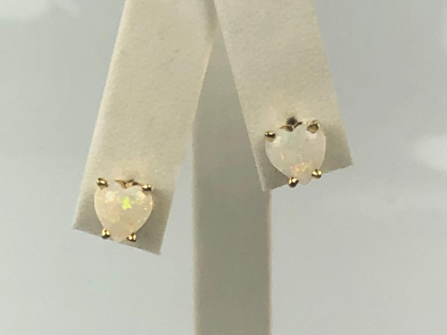 Vintage 14k Yellow Gold Natural Opal Heart Shaped Stud Earrings, October Birthstone