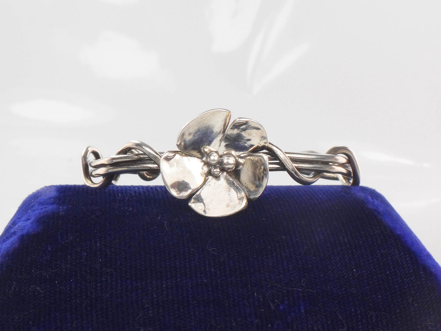 Vintage Sterling Silver Floral Cuff Bracelet Signed Dogwood Flower Twist Bracelet