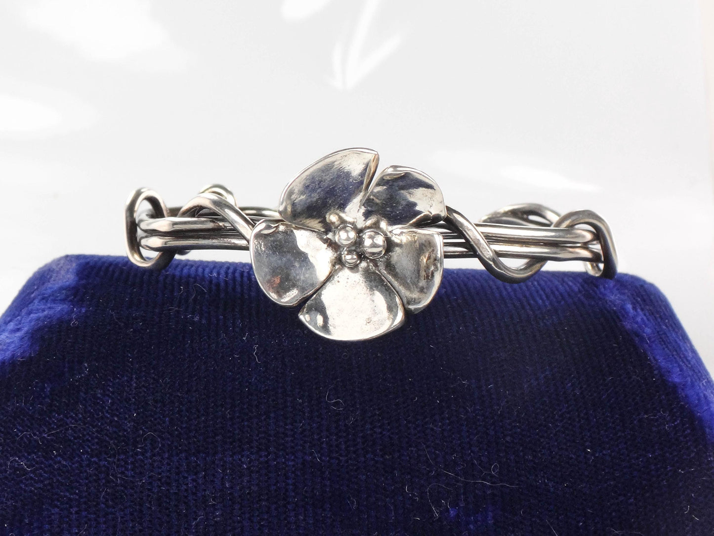 Vintage Sterling Silver Floral Cuff Bracelet Signed Dogwood Flower Twist Bracelet