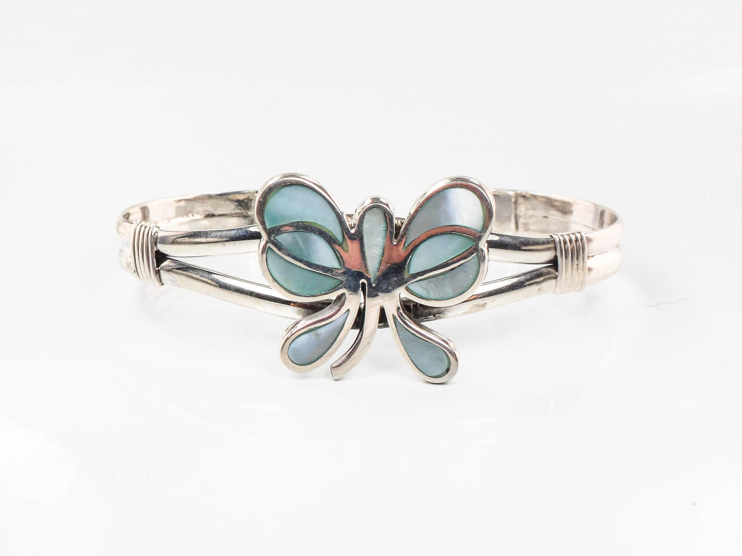 Vintage Sterling Silver Butterfly Cuff Bracelet: Blue Mother of Pearl Inlay