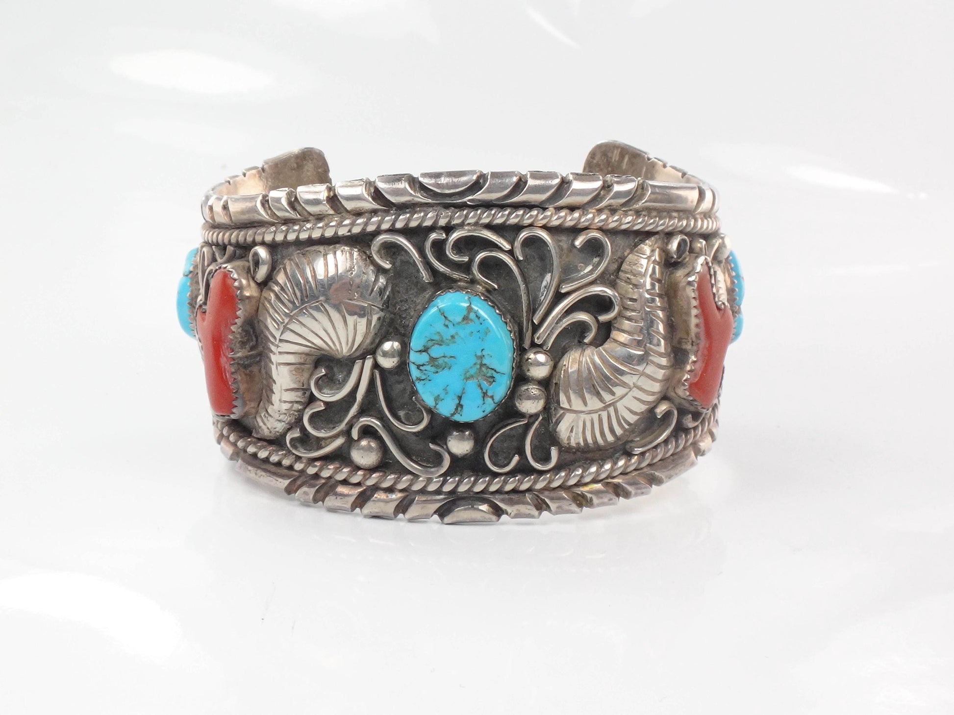 Vintage Large Navajo Sterling Silver Turquoise and Coral Bracelet Signed GB Silver Blue Turquoise Cuff Heavy Silver Bracelet 102 grams