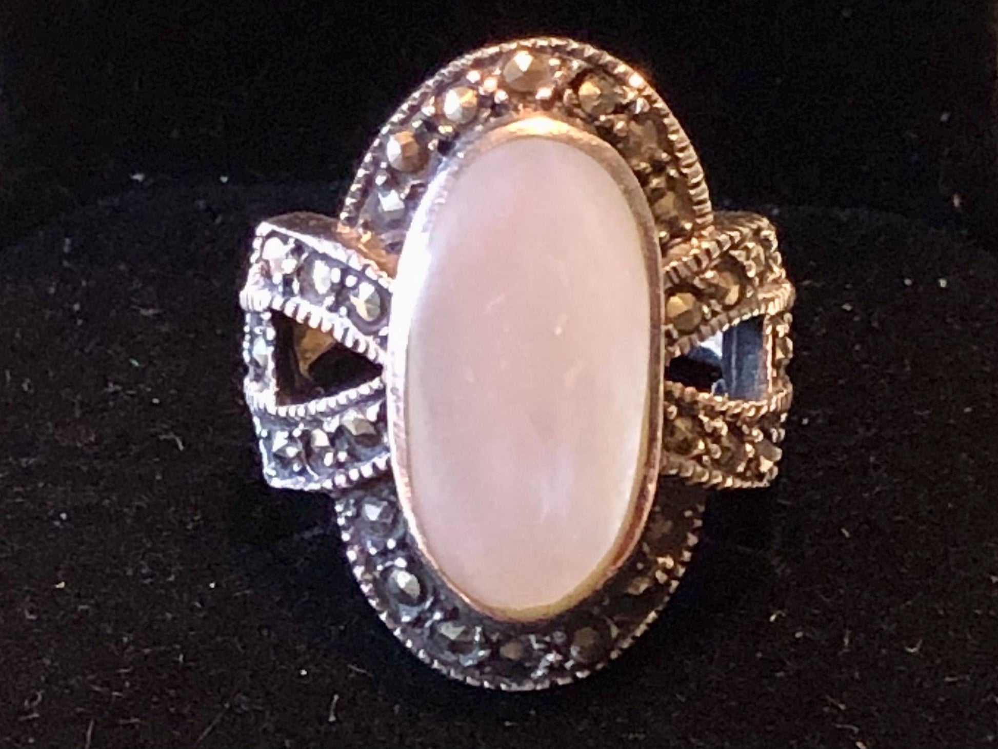 Vintage Sterling Silver Mother of Pearl Ring with Marcasite, Large MOP Ring, Size 5.75