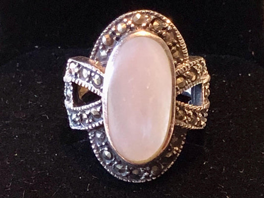 Vintage Sterling Silver Mother of Pearl Ring with Marcasite, Large MOP Ring, Size 5.75