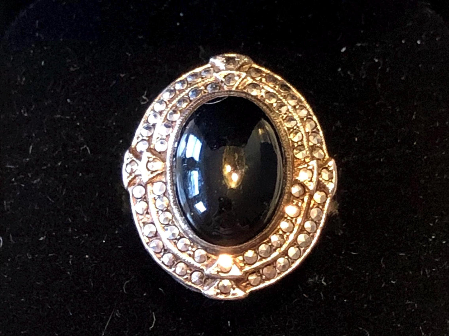 Vintage Art Deco Sterling Silver Marcasite Ring: Black Onyx, Size 3.75