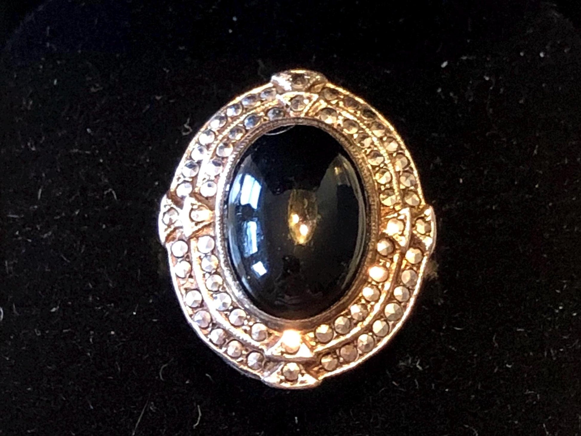 Vintage Art Deco Sterling Silver Marcasite Ring: Black Onyx, Size 3.75