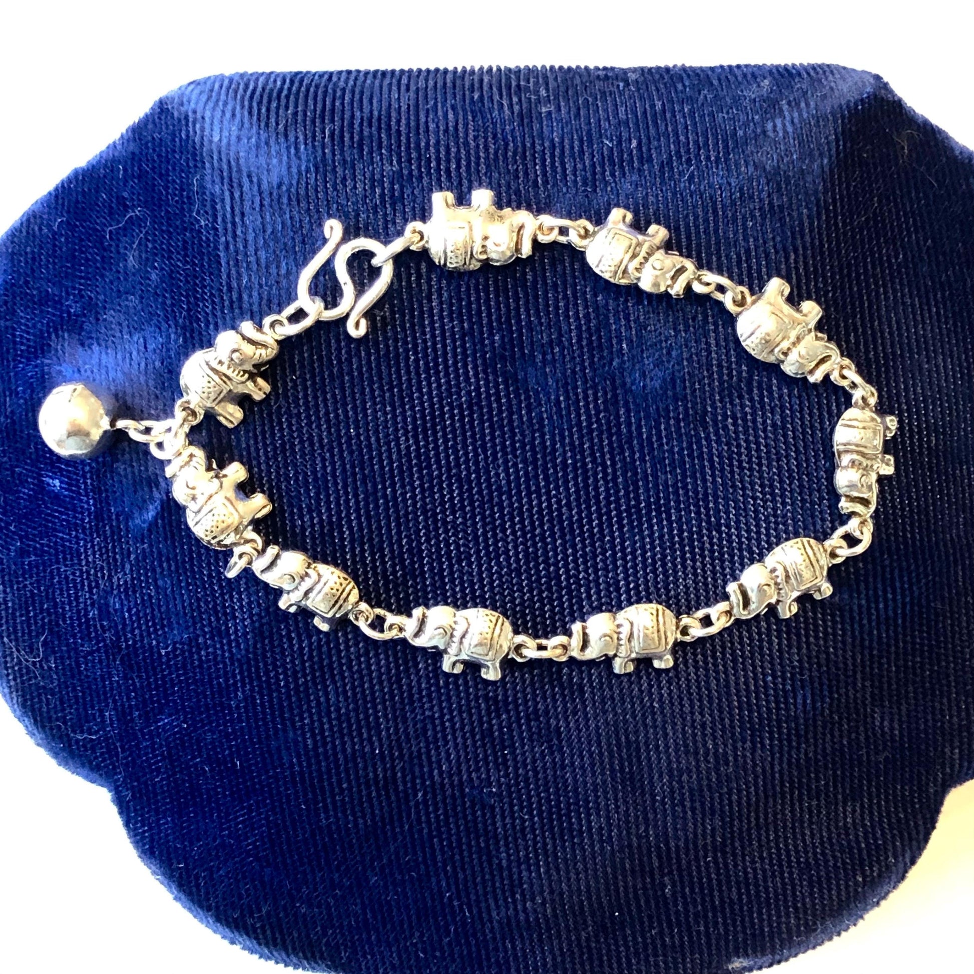 Vintage Sterling Silver Tiny Marching Elephants Bracelet with Bell, 925 Good Luck Bracelet 7.5"