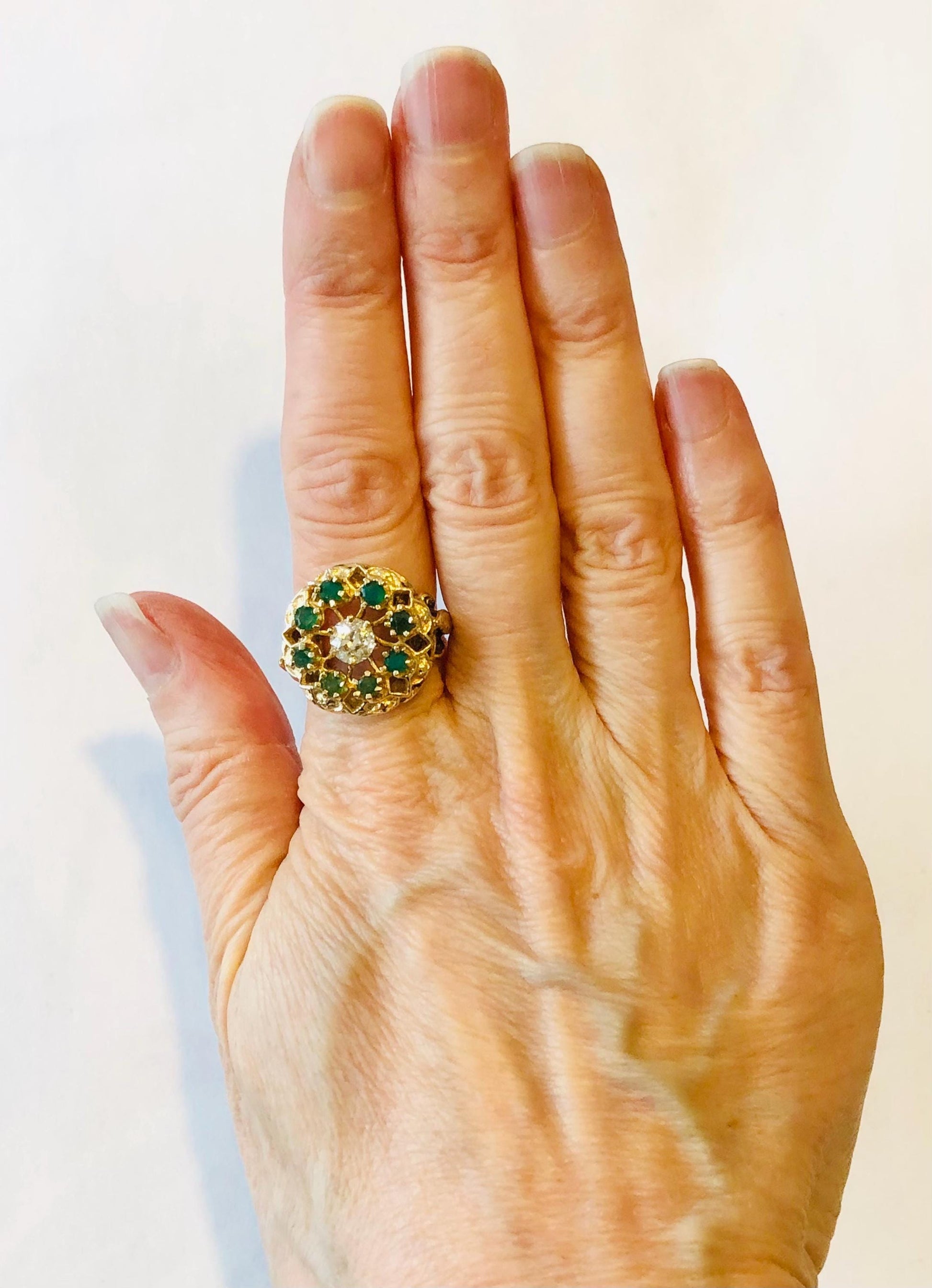 Vintage Yellow Gold Natural Old Mine Cut Diamond and Emerald Halo Cocktail Ring