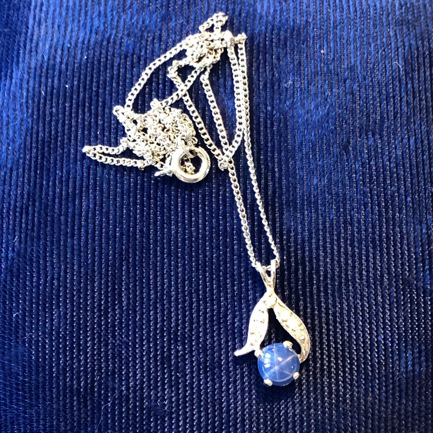 Vintage 14k White Gold Star Sapphire and Diamond Pendant with Sterling Silver Chain, Blue September Birthstone Necklace, 16"