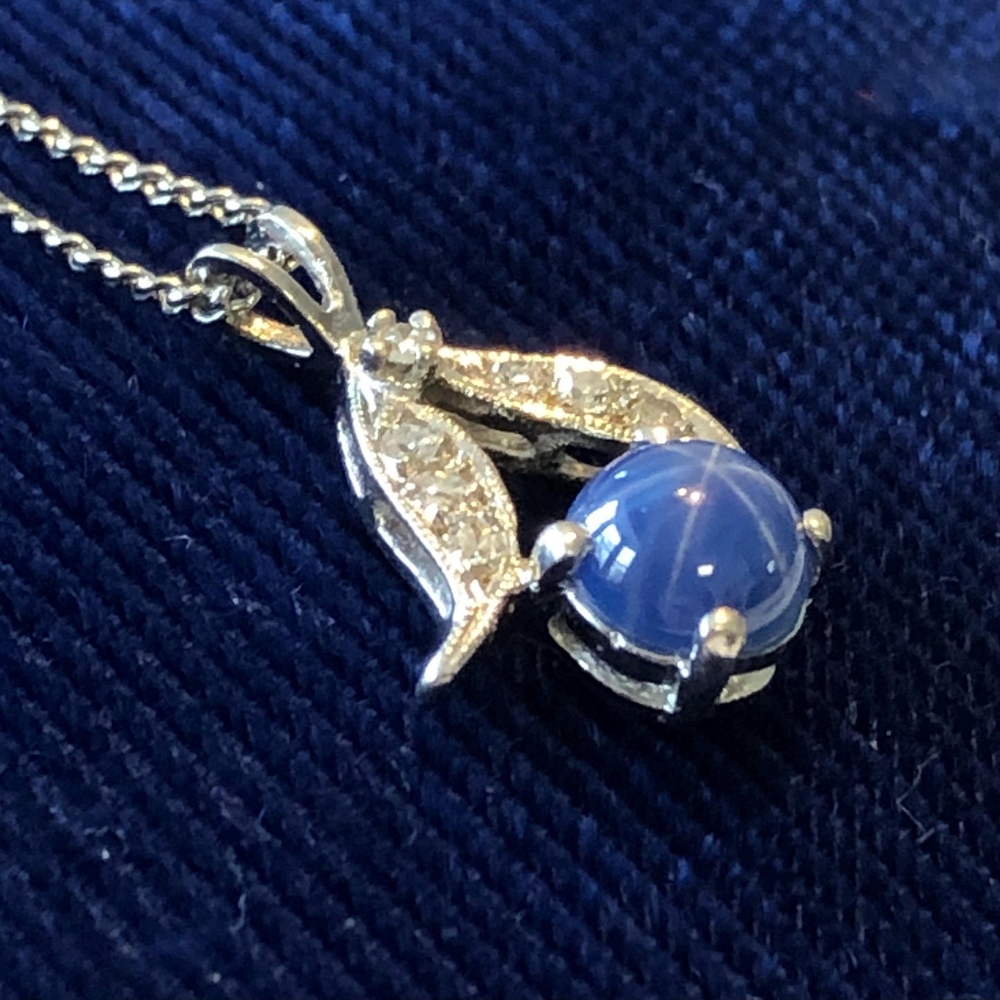 Vintage 14k White Gold Star Sapphire and Diamond Pendant with Sterling Silver Chain, Blue September Birthstone Necklace, 16"