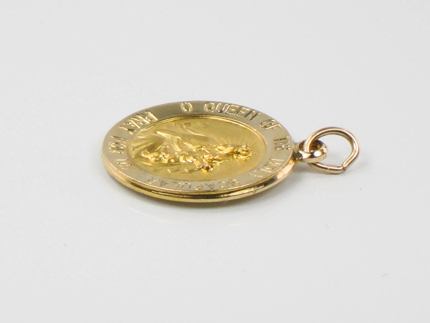 Vintage Small 14k Gold Queen of the Holy Scapular Pray for Us Medal with Sacred Heart of Jesus on the Back, Catholic Religious Pendant