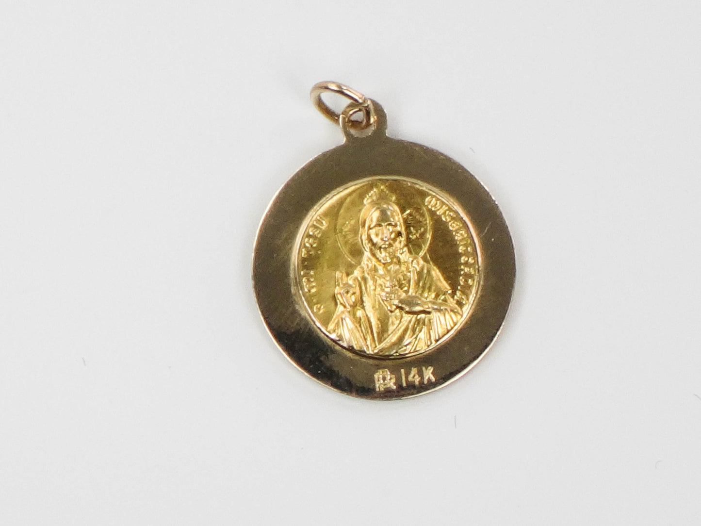 Vintage Small 14k Gold Queen of the Holy Scapular Pray for Us Medal with Sacred Heart of Jesus on the Back, Catholic Religious Pendant