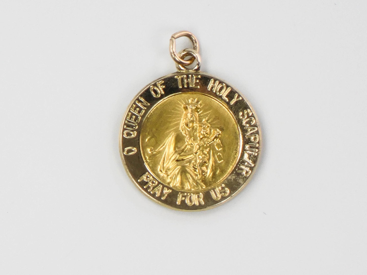 Vintage Small 14k Gold Queen of the Holy Scapular Pray for Us Medal with Sacred Heart of Jesus on the Back, Catholic Religious Pendant