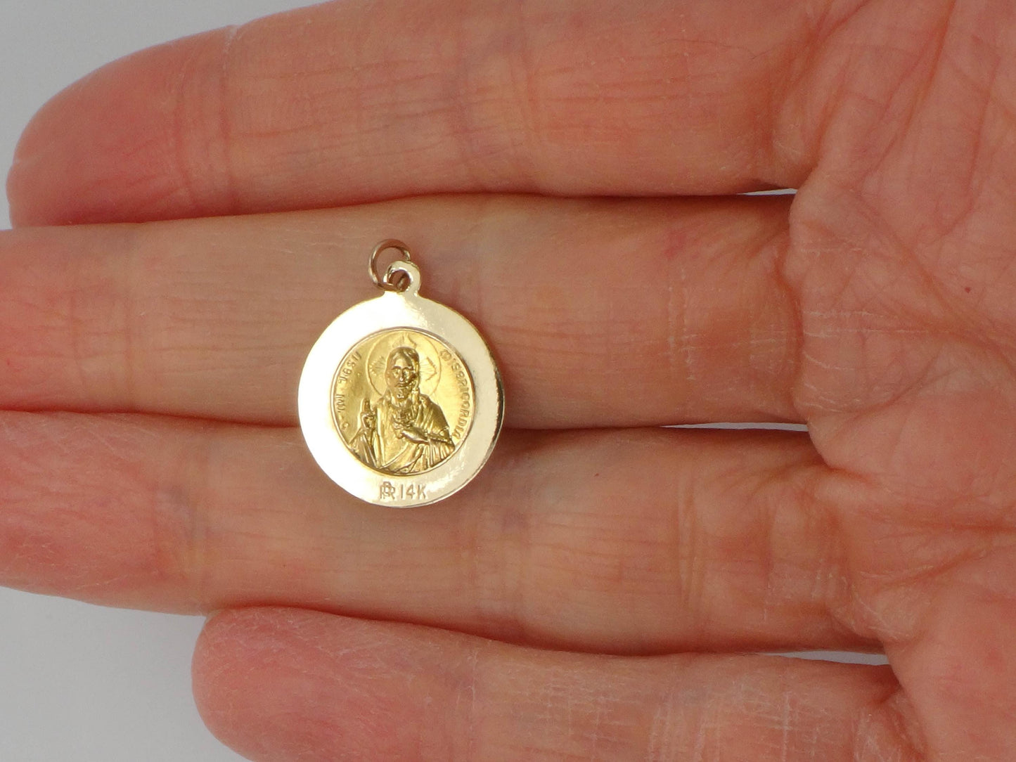 Vintage Small 14k Gold Queen of the Holy Scapular Pray for Us Medal with Sacred Heart of Jesus on the Back, Catholic Religious Pendant