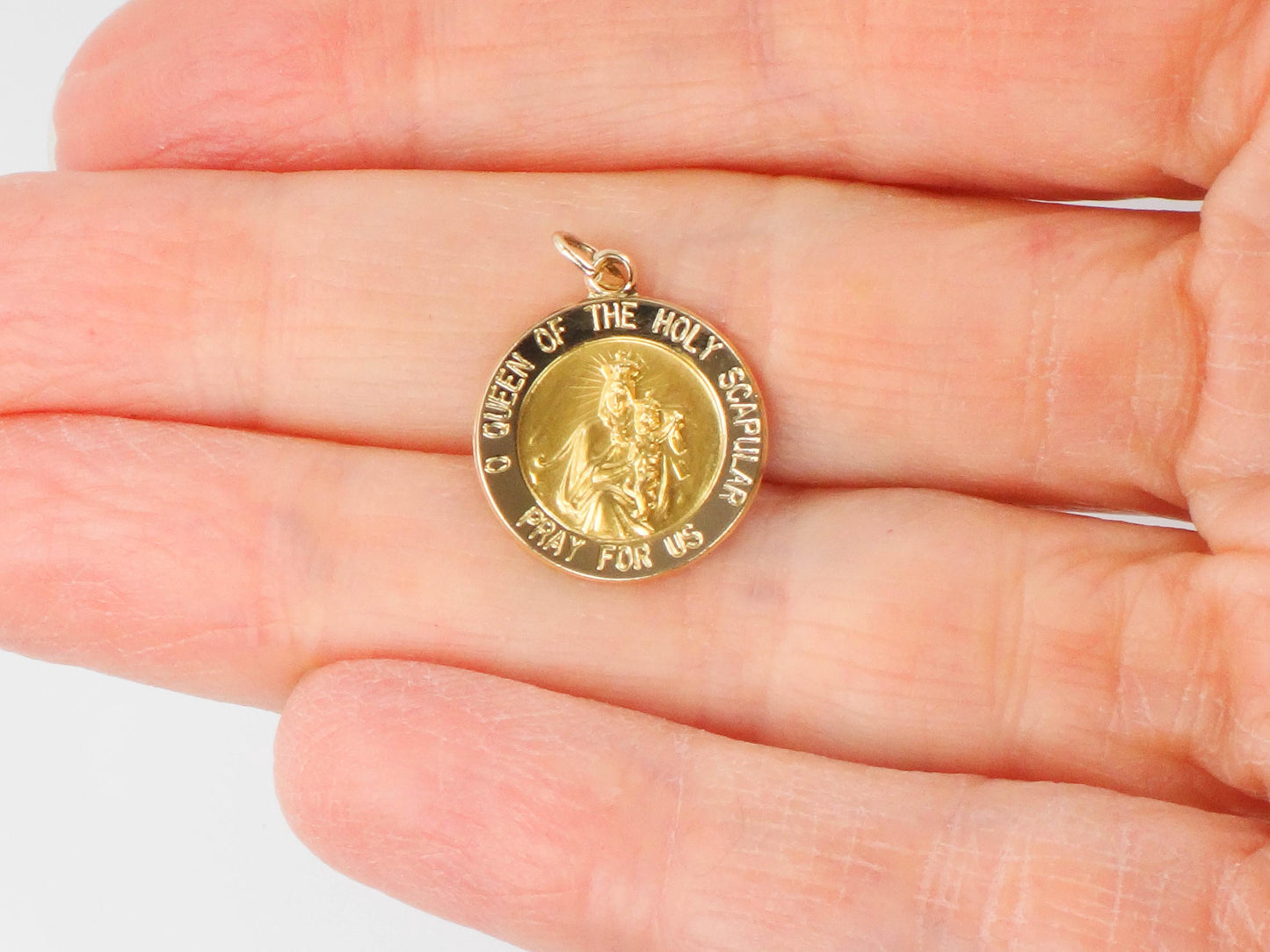 Vintage Small 14k Gold Queen of the Holy Scapular Pray for Us Medal with Sacred Heart of Jesus on the Back, Catholic Religious Pendant