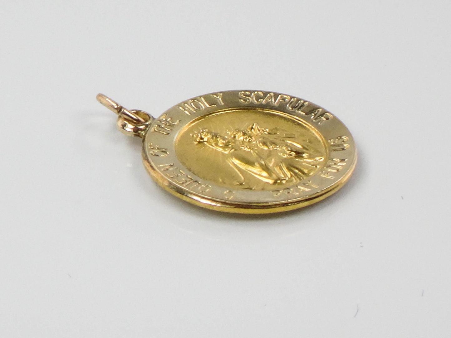 Vintage Small 14k Gold Queen of the Holy Scapular Pray for Us Medal with Sacred Heart of Jesus on the Back, Catholic Religious Pendant