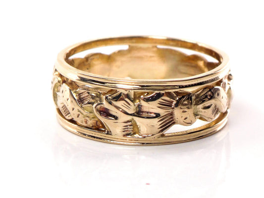 Vintage 14k Yellow Gold Wedding Band: Pierced Ribbon Bow Design, Size 8.75