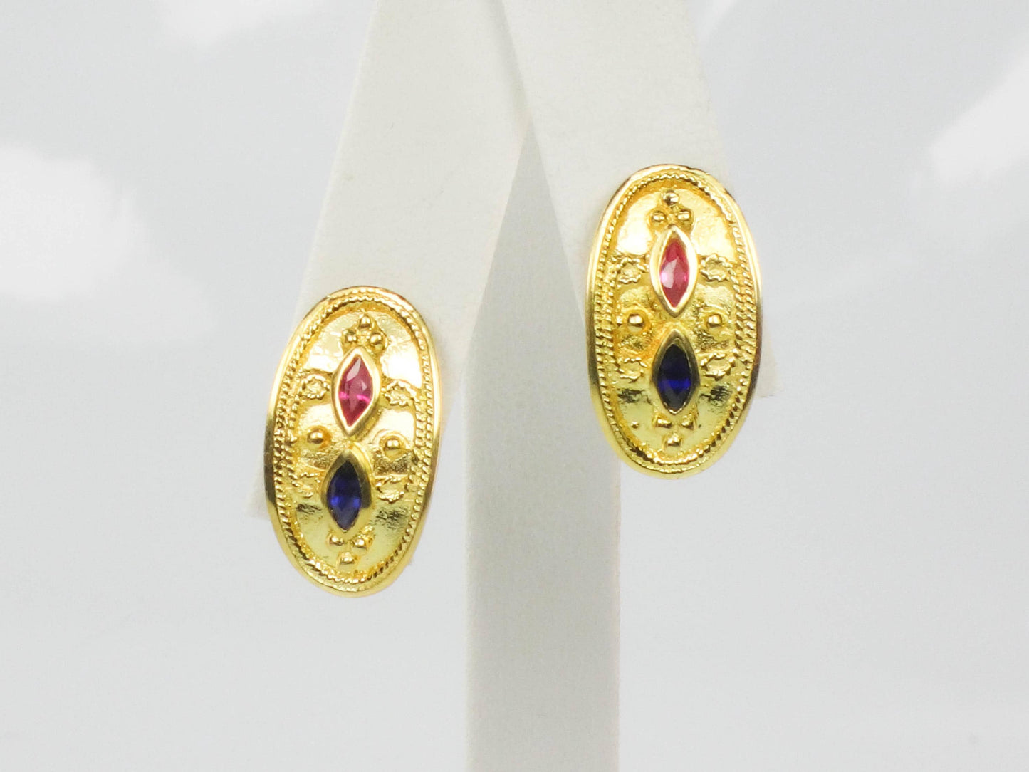 Vintage 22k Gold Etruscan Style Ruby Sapphire Stud Earrings