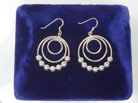 Vintage Sterling Silver Beaded Triple Hoop Dangle Earrings