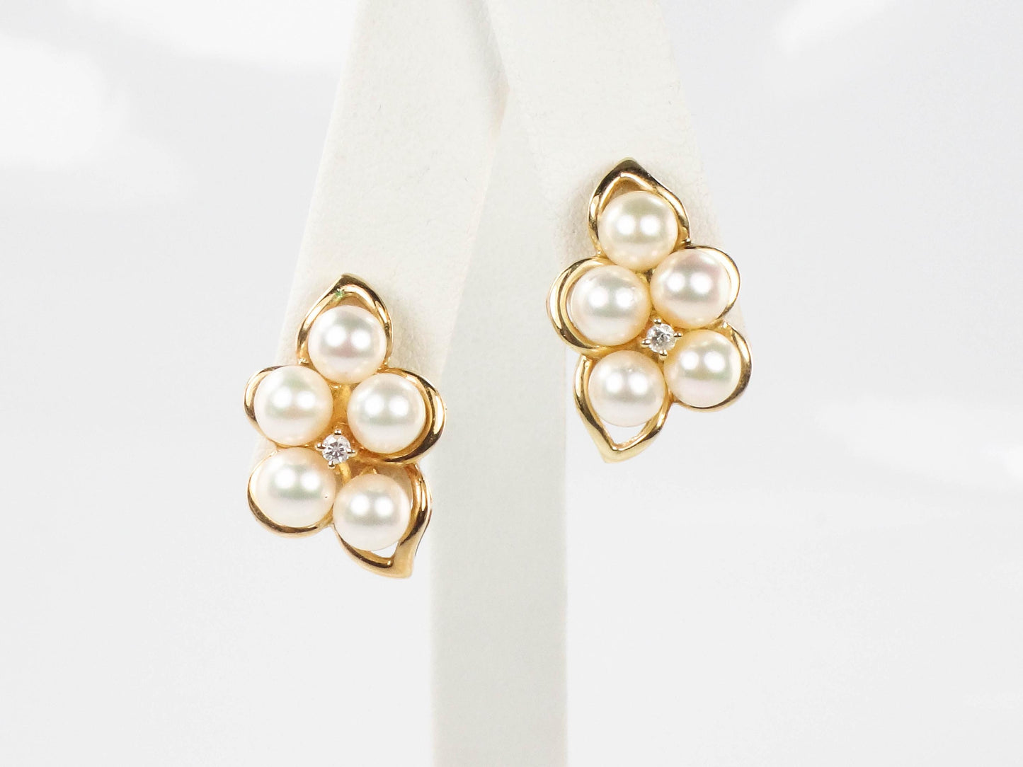 Vintage Large 14k Yellow Gold Cultured Pearl and Diamond Stud Earrings Bridal Earrings