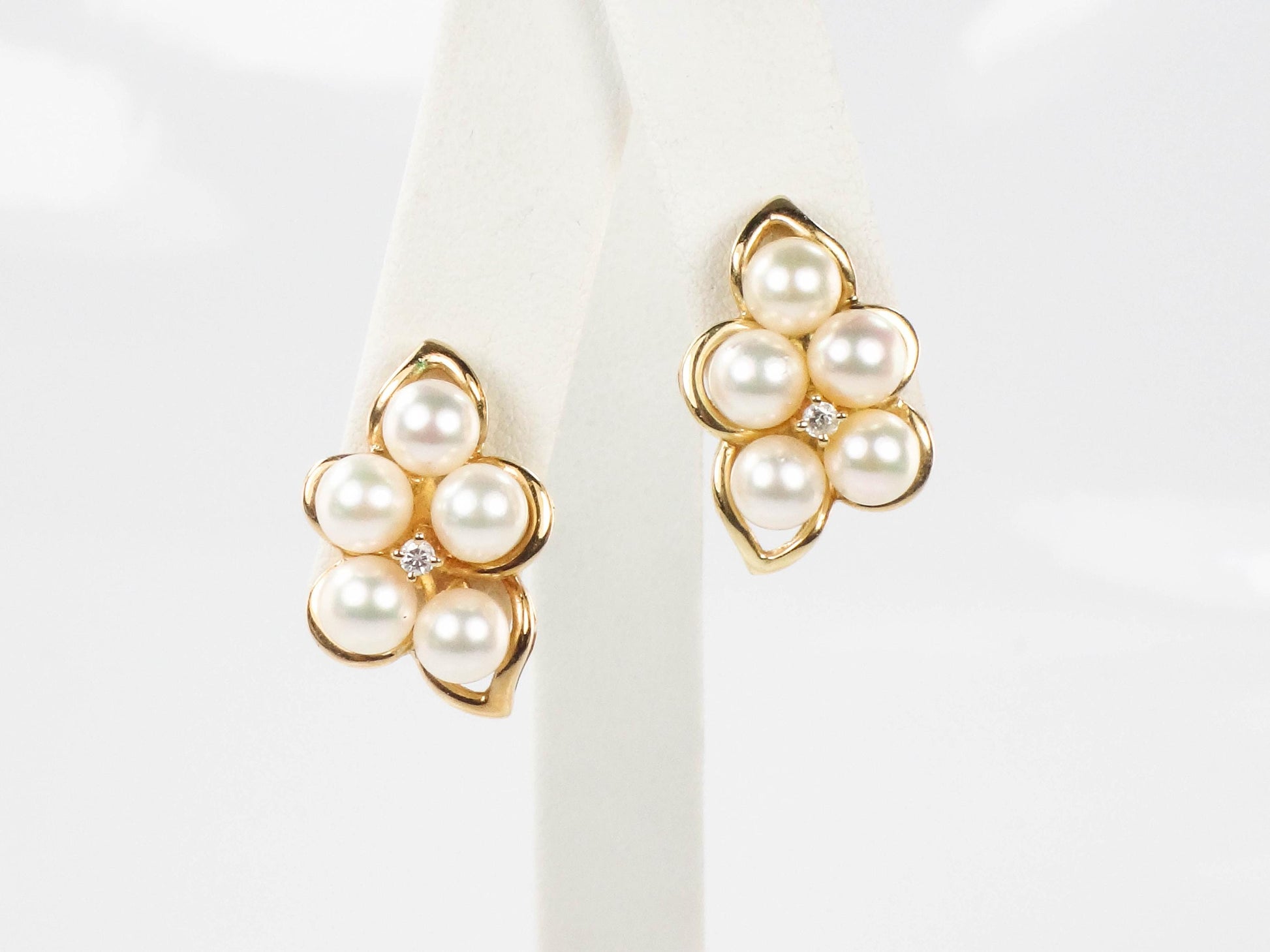Vintage Large 14k Yellow Gold Cultured Pearl and Diamond Stud Earrings Bridal Earrings