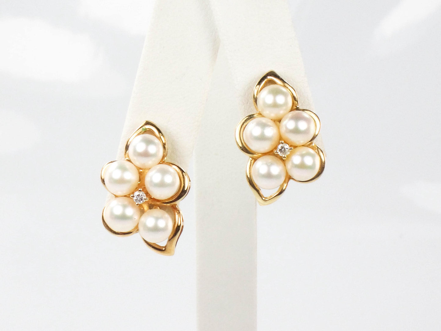Vintage Large 14k Yellow Gold Cultured Pearl and Diamond Stud Earrings Bridal Earrings