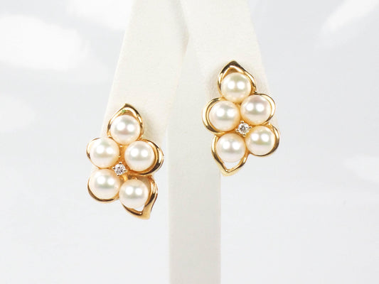 Vintage Large 14k Yellow Gold Cultured Pearl and Diamond Stud Earrings Bridal Earrings