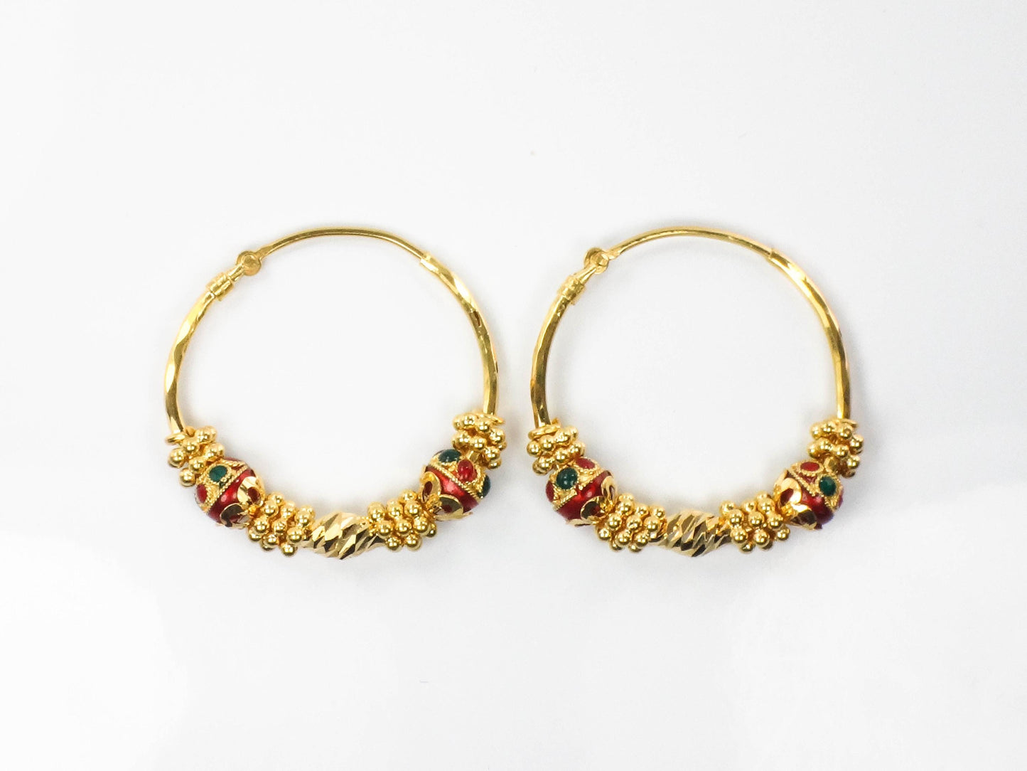 Vintage 22k Gold Hoop Earrings: Red & Green Enamel, Fancy Beads