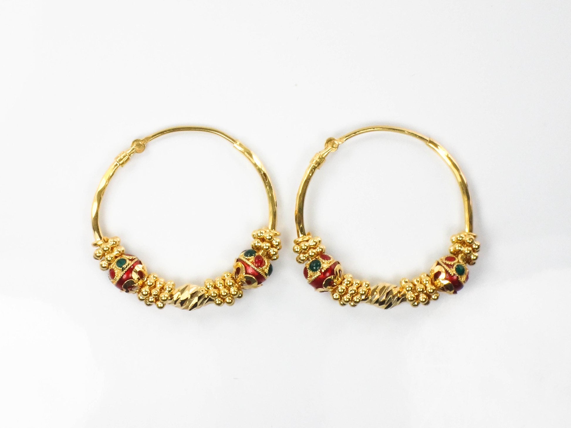 Vintage 22k Gold Hoop Earrings: Red & Green Enamel, Fancy Beads