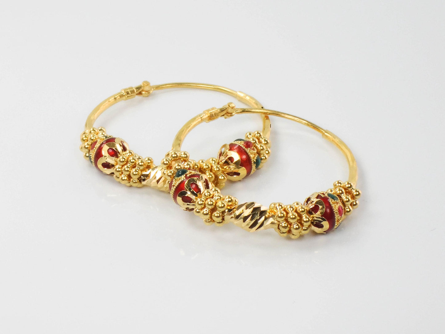 Vintage 22k Gold Hoop Earrings: Red & Green Enamel, Fancy Beads