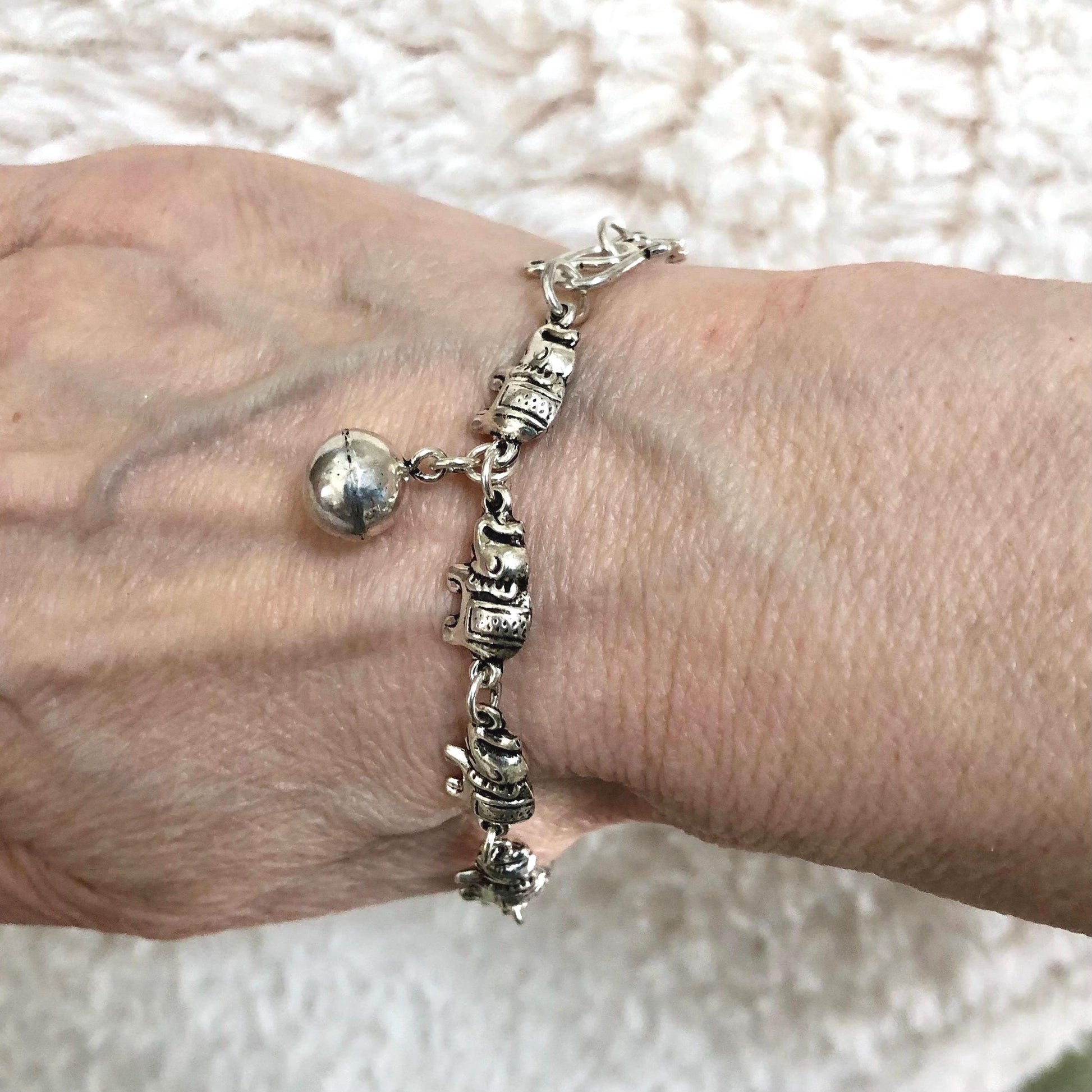Vintage Sterling Silver Tiny Marching Elephants Bracelet with Bell, 925 Good Luck Bracelet 7.5"