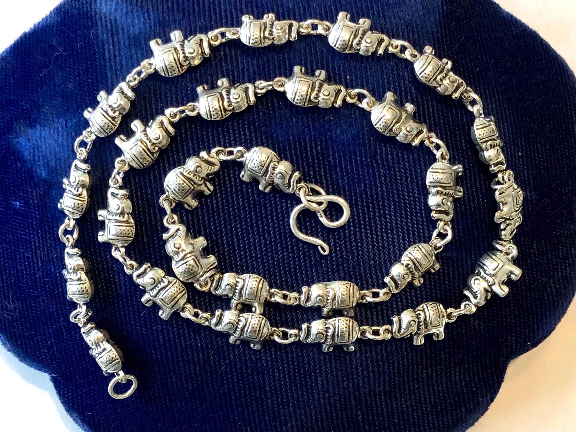Vintage Sterling Silver Tiny Marching Elephants Necklace, 925 Good Luck Necklace 20"