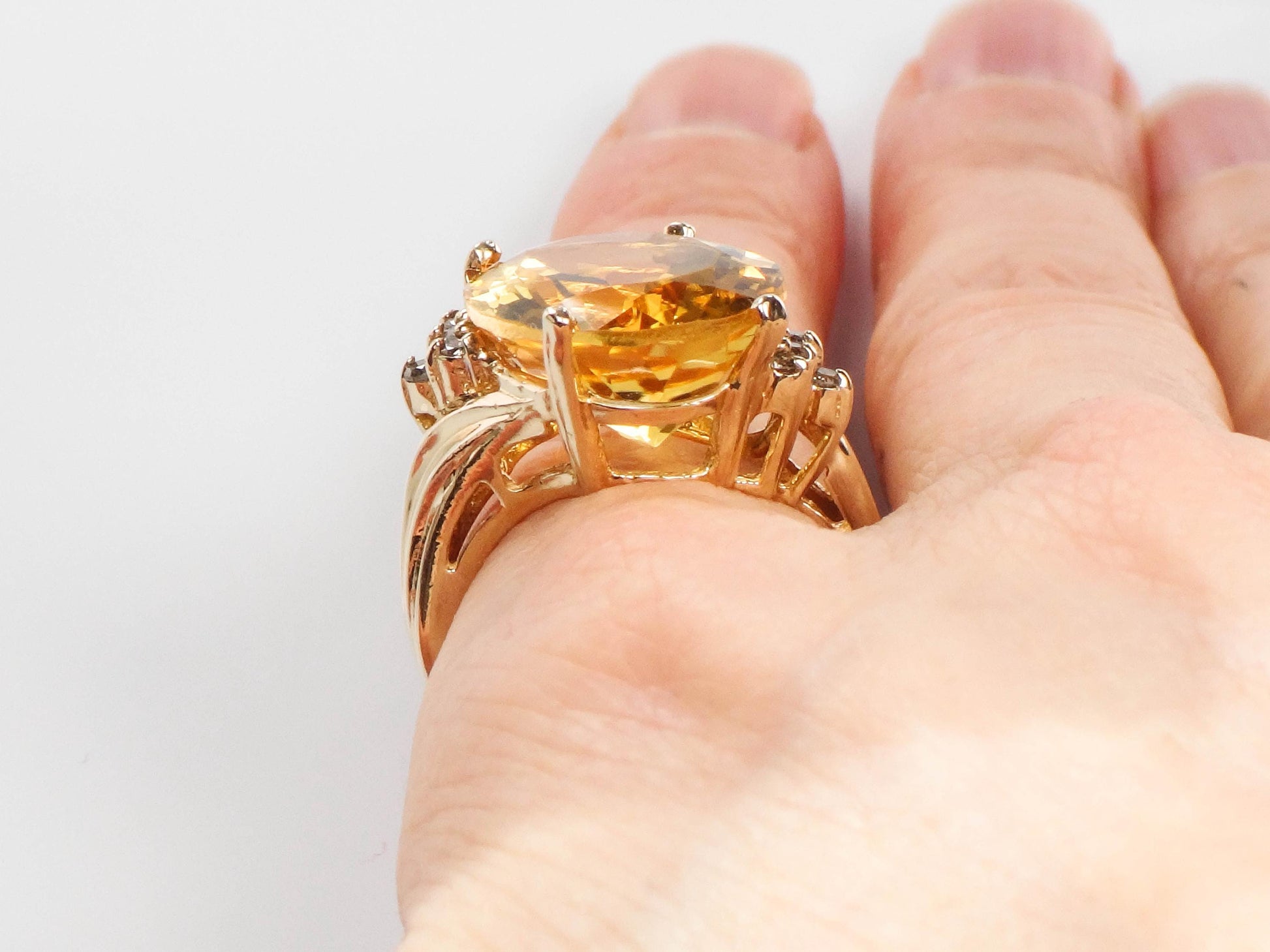 Vintage 14k Yellow Gold Citrine Diamond Ring - 10 CT November Birthstone, Size 6.75