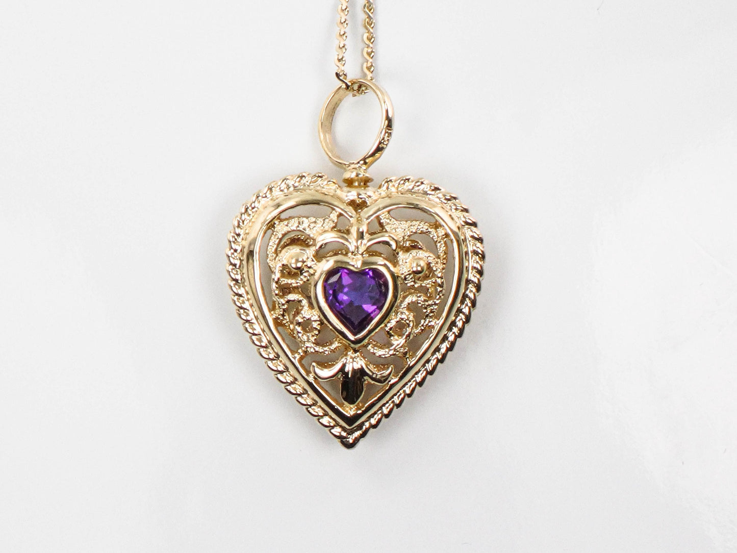 Vintage 14k Yellow Gold Purple Amethyst and Blue Topaz Heart Necklace, Reversible Pendant, 16"