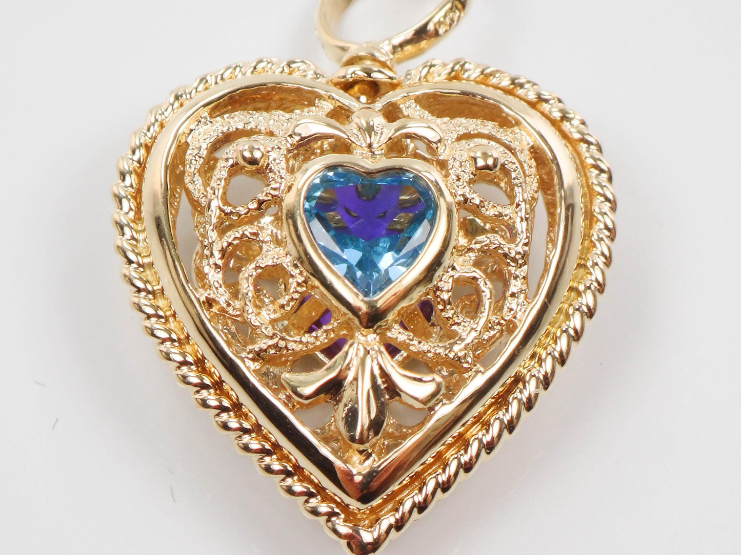 Vintage 14k Yellow Gold Purple Amethyst and Blue Topaz Heart Necklace, Reversible Pendant, 16"