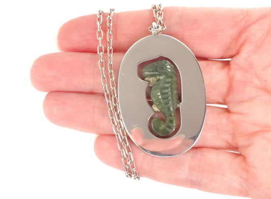 Vintage Large Sterling Silver Green Seahorse Pendant Necklace with Paperclip Chain, Carved Chrysoprase, 20.5"