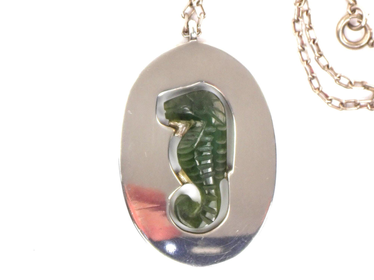 Vintage Large Sterling Silver Green Seahorse Pendant Necklace with Paperclip Chain, Carved Chrysoprase, 20.5"