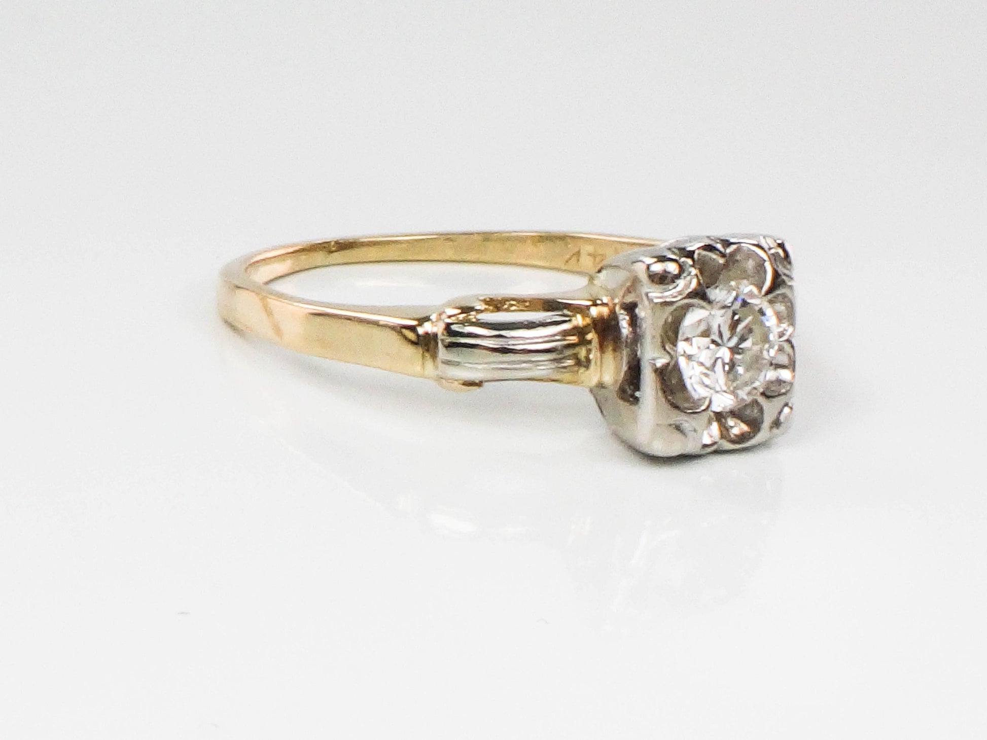 Vintage 14k Gold Round Natural Diamond Engagement Ring, Two Tone Orange Blossom Style Ring