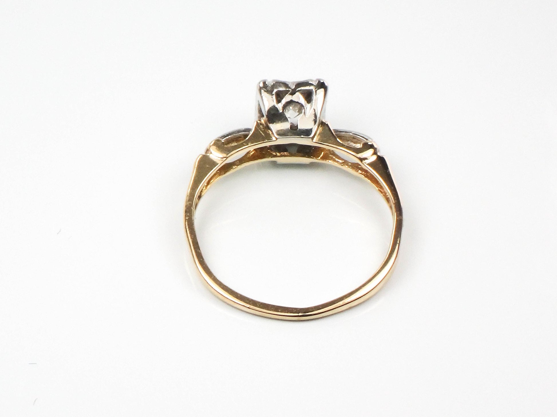 Vintage 14k Gold Round Natural Diamond Engagement Ring, Two Tone Orange Blossom Style Ring