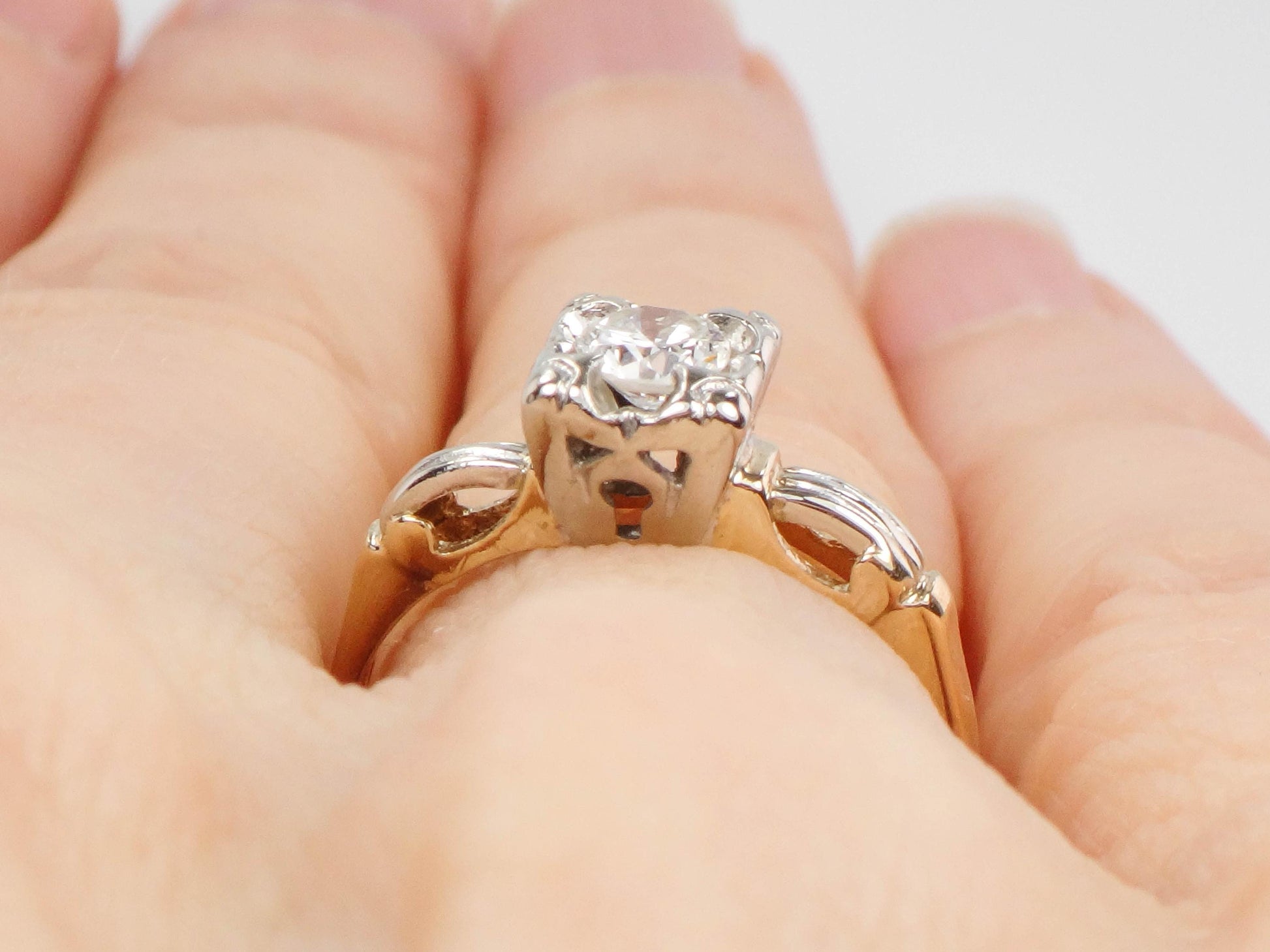 Vintage 14k Gold Round Natural Diamond Engagement Ring, Two Tone Orange Blossom Style Ring