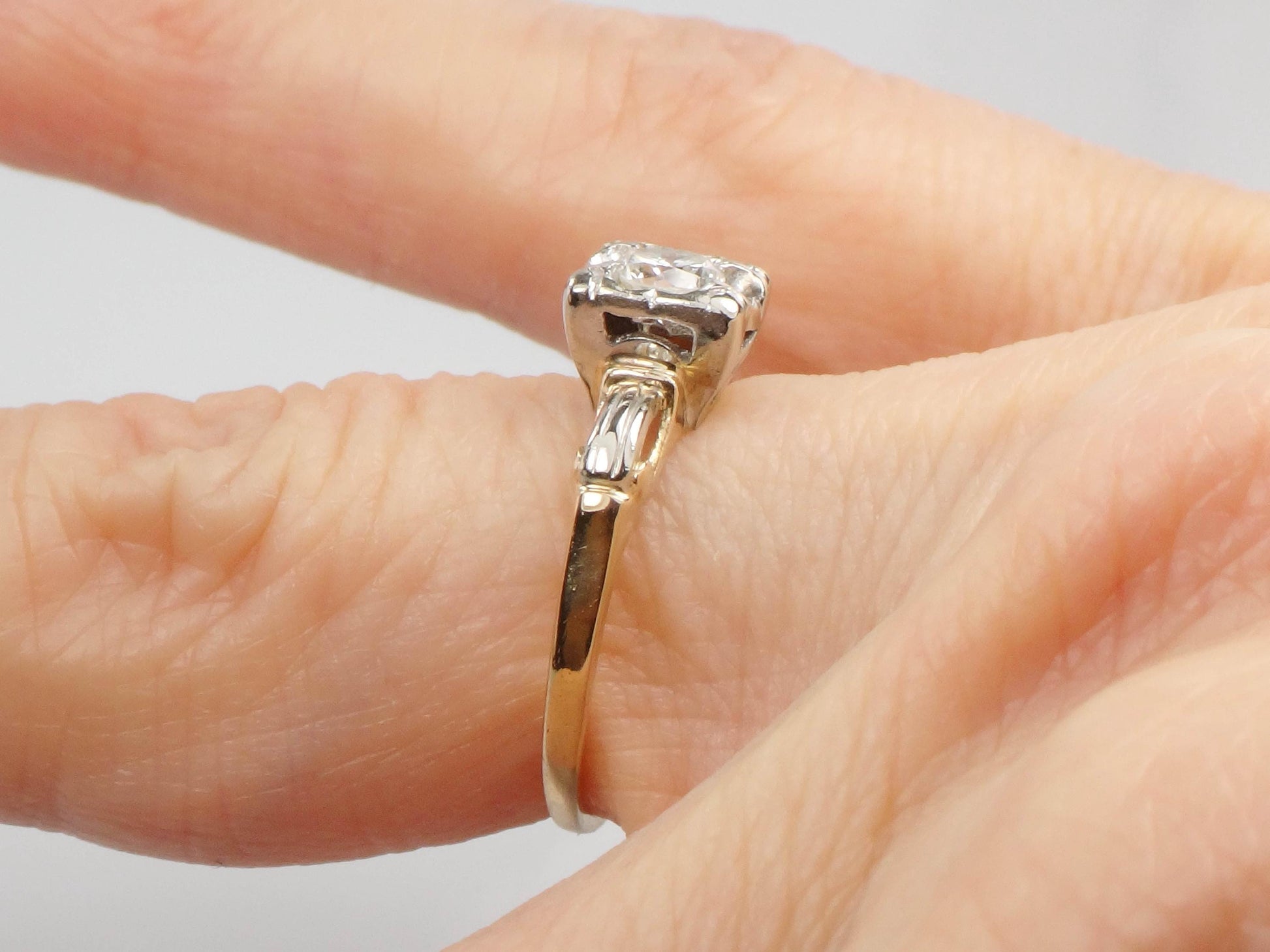 Vintage 14k Gold Round Natural Diamond Engagement Ring, Two Tone Orange Blossom Style Ring