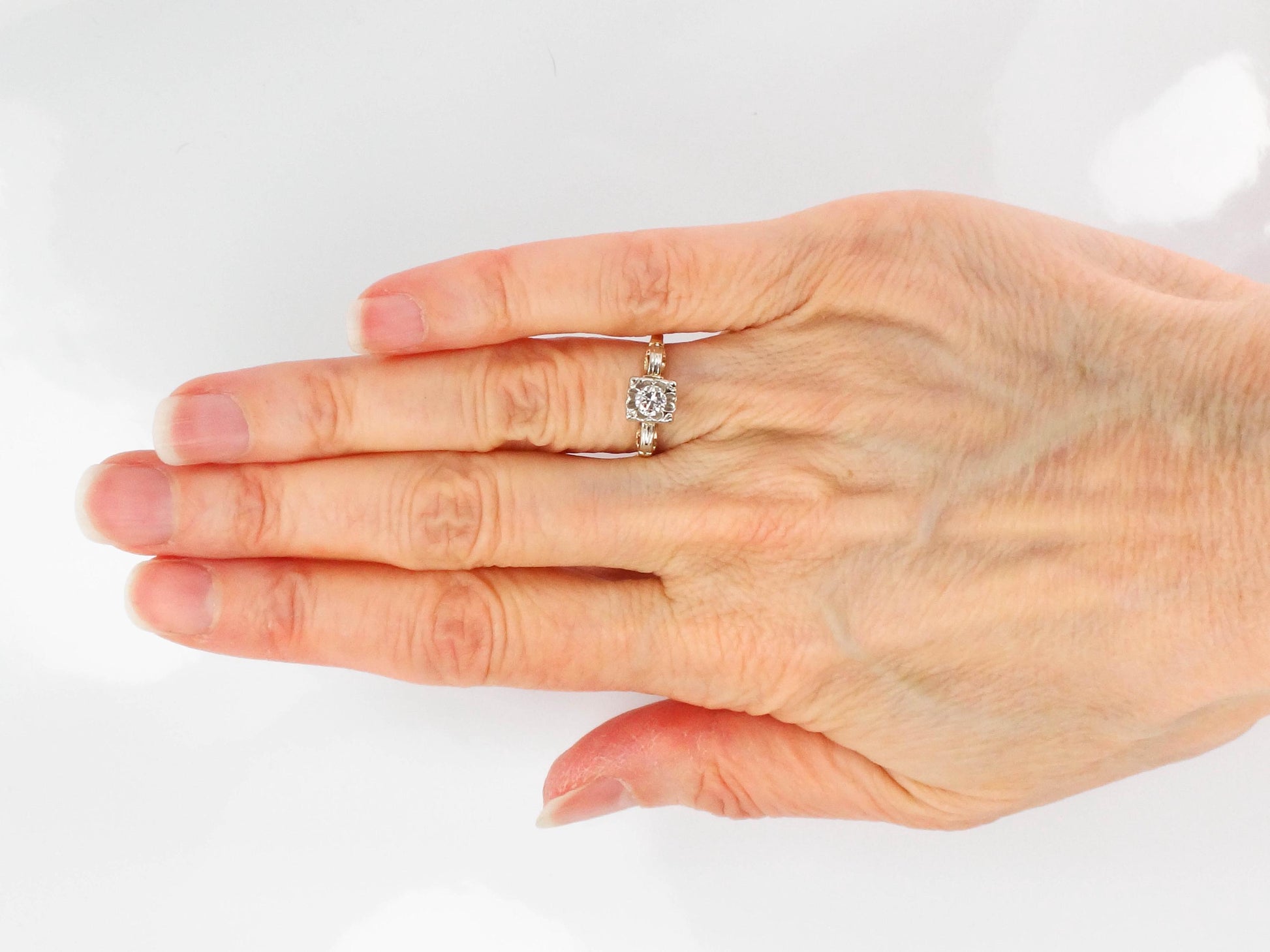 Vintage 14k Gold Round Natural Diamond Engagement Ring, Two Tone Orange Blossom Style Ring